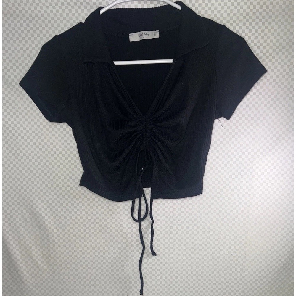 Wild Love Womens Medium Short Sleeve Crop Top Solid Black Scrunch Front Tie Up